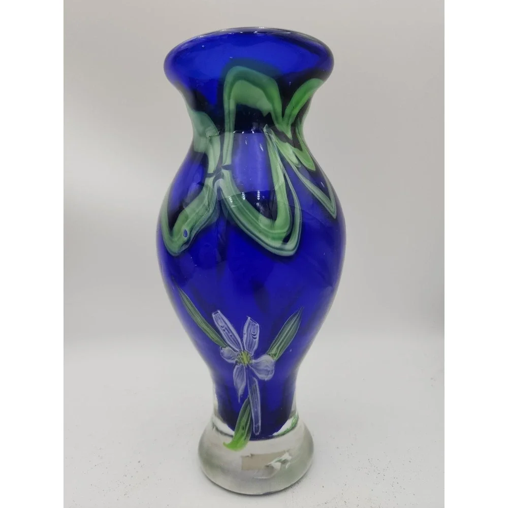 Art Glass Vase Cobalt Blue With White Flower 10